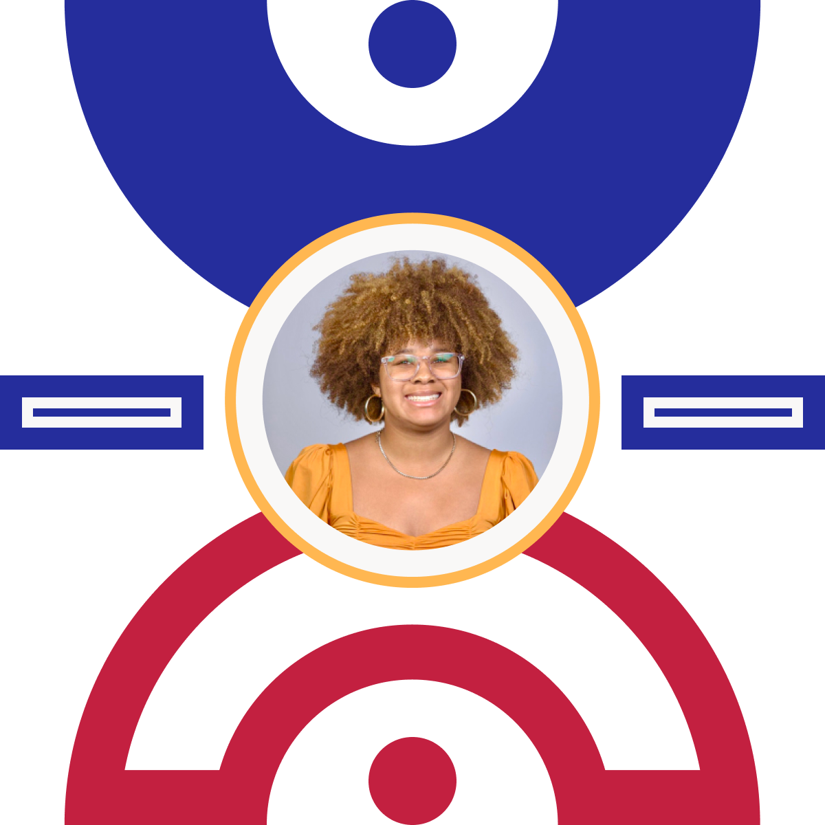 Headshot of Bria Fauntleroy within geometric shapes